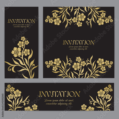 Background with gold myosotis (forget-me-not) graphic flowers