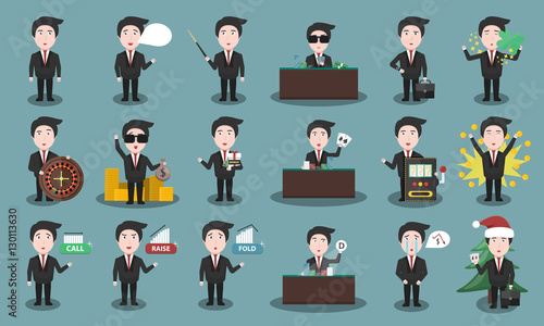 Big collection of vector cartoon croupier character in various poses and emotions. Concept of poker game and casino.