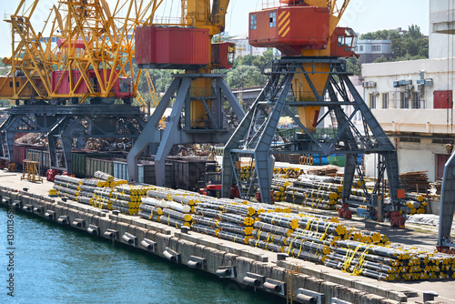 Fotografie, Obraz new pipes in the industrial port, cargo cranes and infrastructure