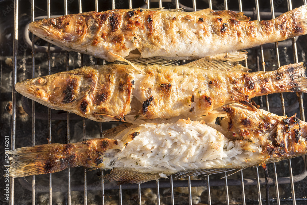 Fish perch baked at home on the grill Stock Photo | Adobe Stock