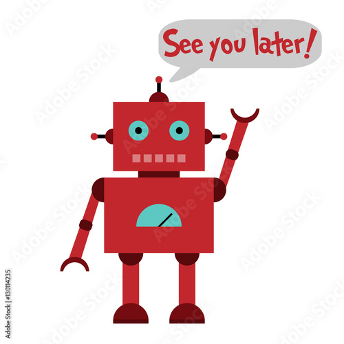 Vector illustration of a toy Robot with wrench, hammer and text See you later!