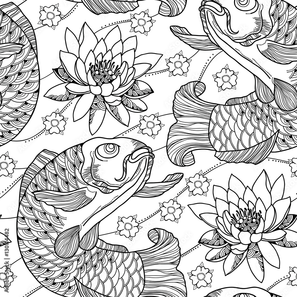 Naklejka Vector seamless pattern with outline koi carp and lotus or water lily in black on the white background. Japanese ornate fish and flower in contour style for coloring book. Background in linear art.