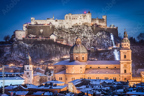 Classic view of Salzburg at Christmas time in winter, Austria