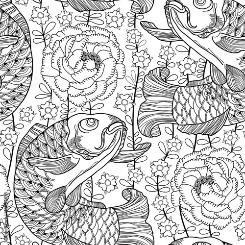Vector seamless pattern with outline black koi carp and chrysanthemum or dahlia on the white background.  Japanese ornate fish and flower in contour style for coloring book. Background in linear art.