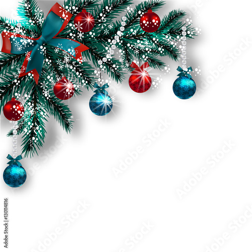 Christmas card. Blue with green tree branches, red balls and ribbons on a white background. Corner with shadow and snowflakes. Christmas decorations. illustration