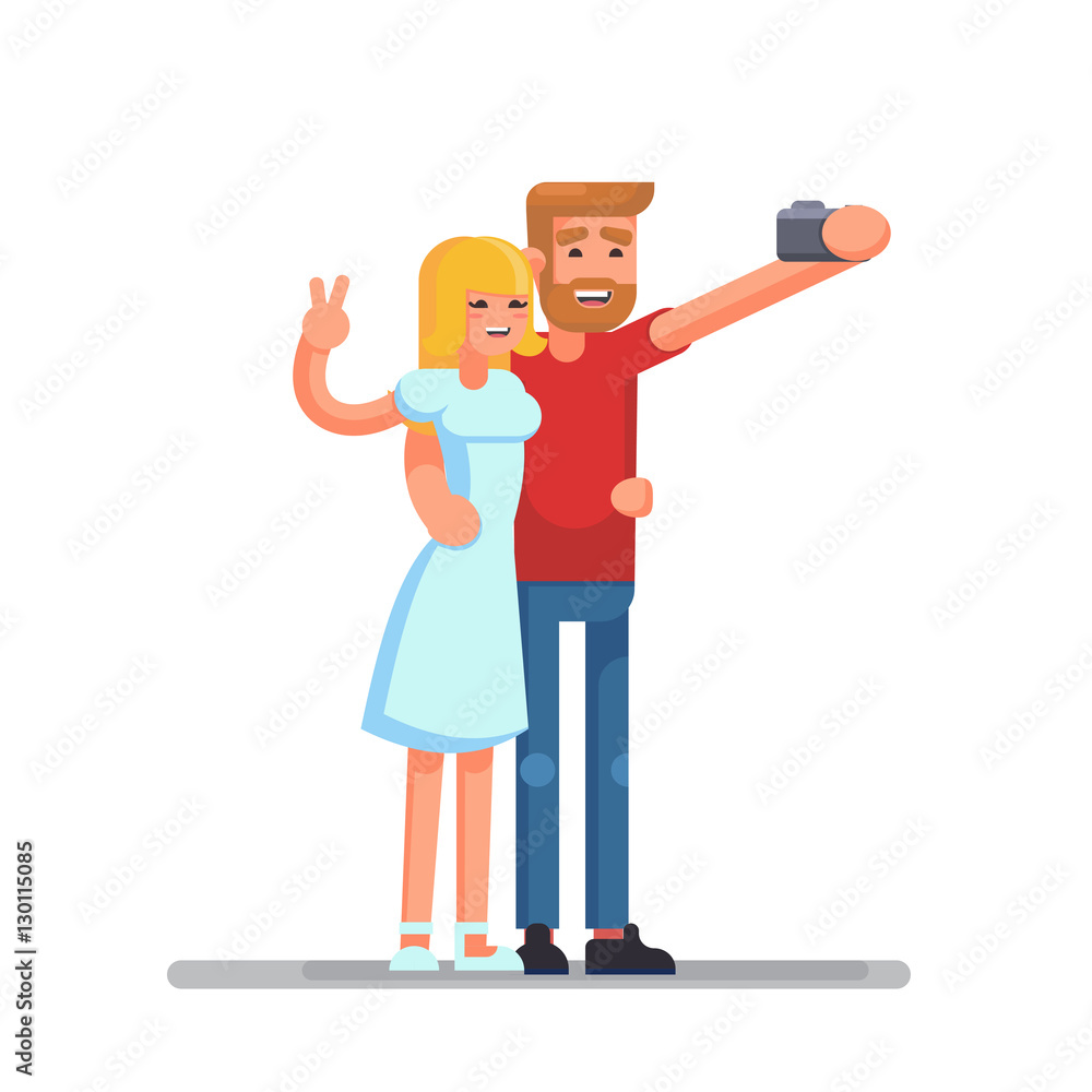 Young Loving Couple Making Selfie picture cartoon image flat illustration Young Loving Couple Making Selfie picture cartoon image flat illustration
