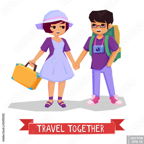 Traveling couple boy girl in love cartoon image flat illustration