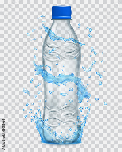 Transparent water splashes in light blue colors around a plastic bottle with mineral water. Transparency only in vector file