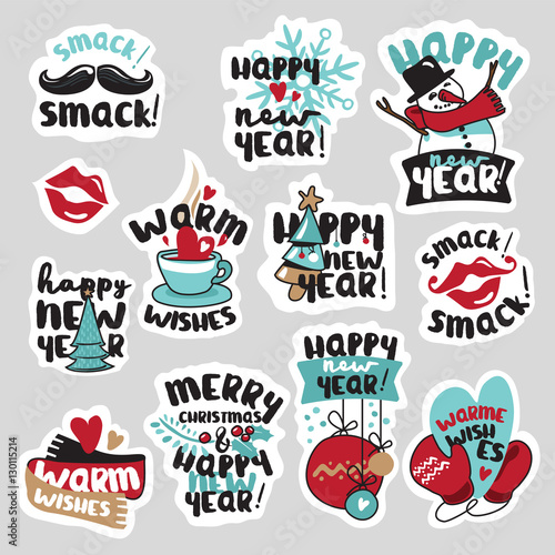 Set of Christmas and New Year social media stickers. Isolated vector illustrations for social media communication, networking, website badges, greeting cards.  