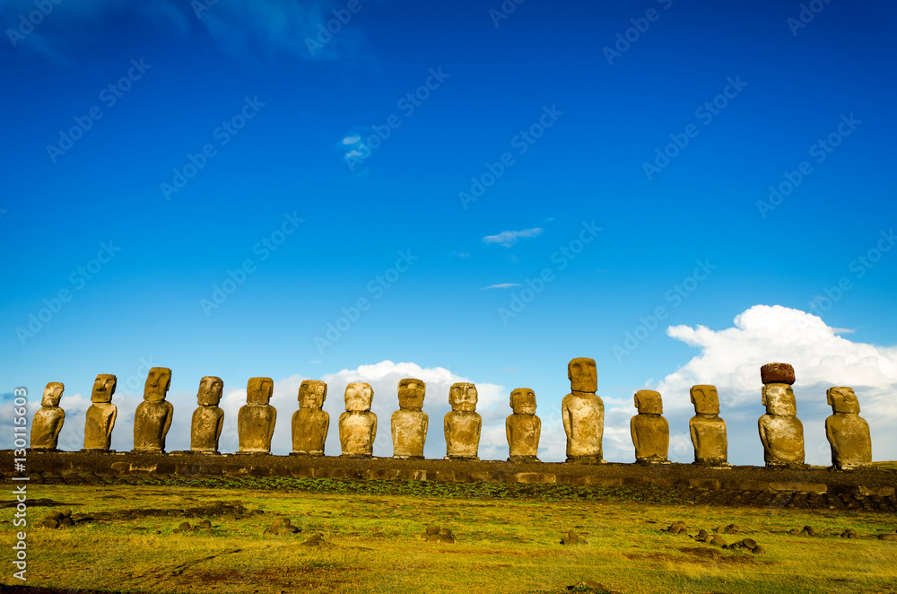 View of platform with 15 Moai at Ahu Tongariki on Easter Island in Chile