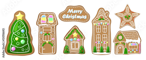 Gingerbread house clipart set. Cozy house, fir tree and star cookie