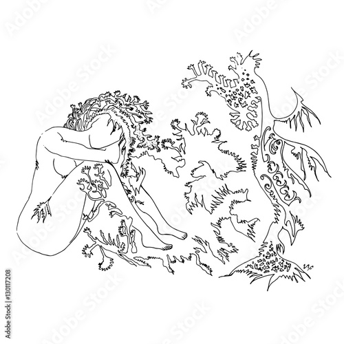 Mermaid woman with branch hair. World of Woman graphical art series. Vector Illustration