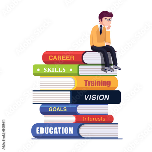 Business thinker sitting on a pile of big books