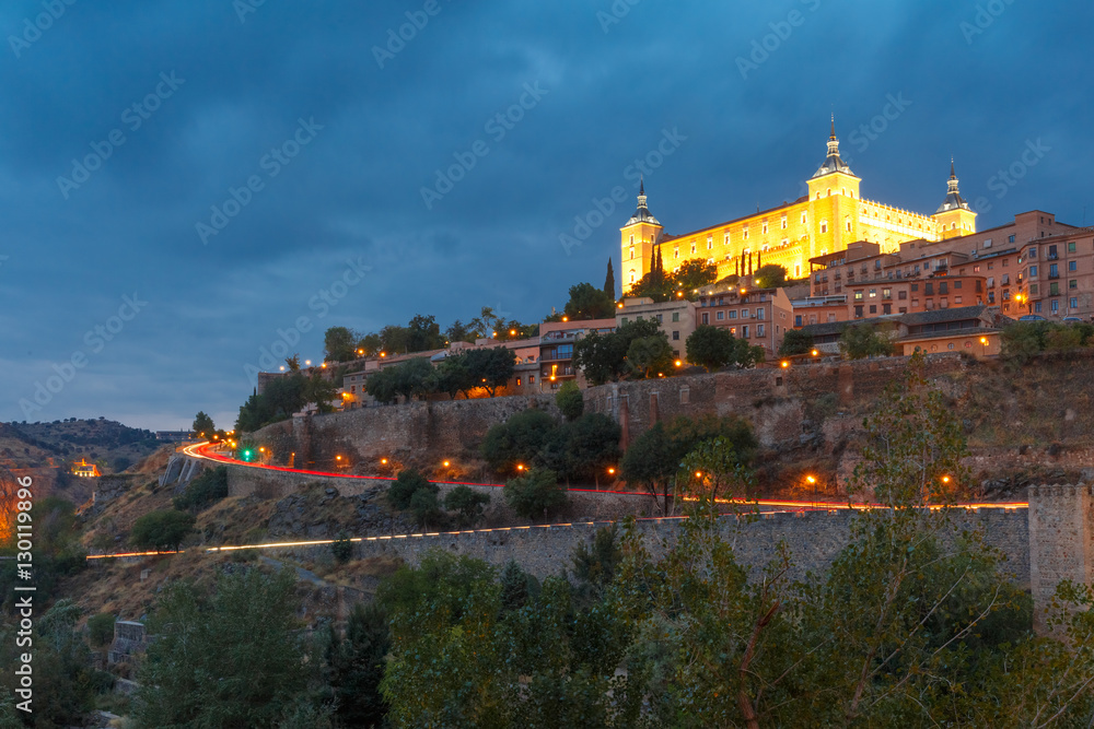 Old city of Toledo with Alcazar at night, Castilla La Mancha, Spain