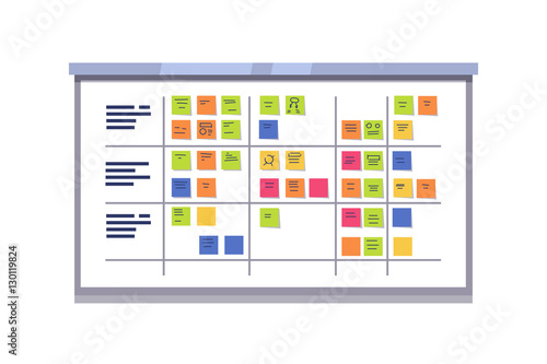 White scrum board full of tasks on sticky cards