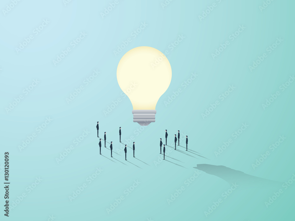 Business creativity vector concept with big light bulb and people standing around. Teamwork brainstorming symbol. - obrazy, fototapety, plakaty 