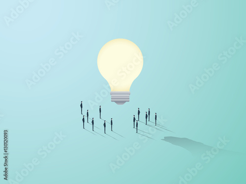 Business creativity vector concept with big light bulb and people standing around. Teamwork brainstorming symbol.