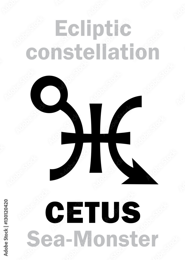 Astrology Alphabet: sign of CETUS (The Sea-Monster), constellation of Ecliptic (between Aquarius, Pisces and Eridanus). Hieroglyphics character sign (original single symbol). Astrology Alphabet: sign of CETUS (The Sea-Monster), constellation of Ecliptic (between Aquarius, Pisces and Eridanus). Hieroglyphics character sign (original single symbol).