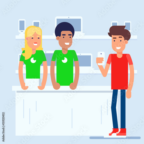 The mobile phone store with customer and sales managers