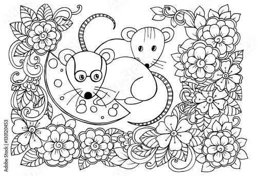 Fototapeta Naklejka Na Ścianę i Meble -  Funny mouses with cheese on a doodle flowers