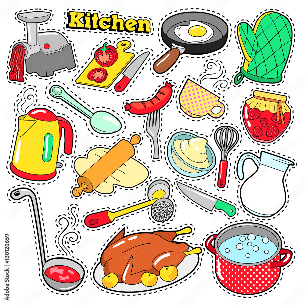 Kitchen Utensils and Cooking Scrapbook Stickers, Patches, Badges for Prints  with Food, Pan and Teapot. Comic Style Vector Doodle Stock-Vektorgrafik |  Adobe Stock