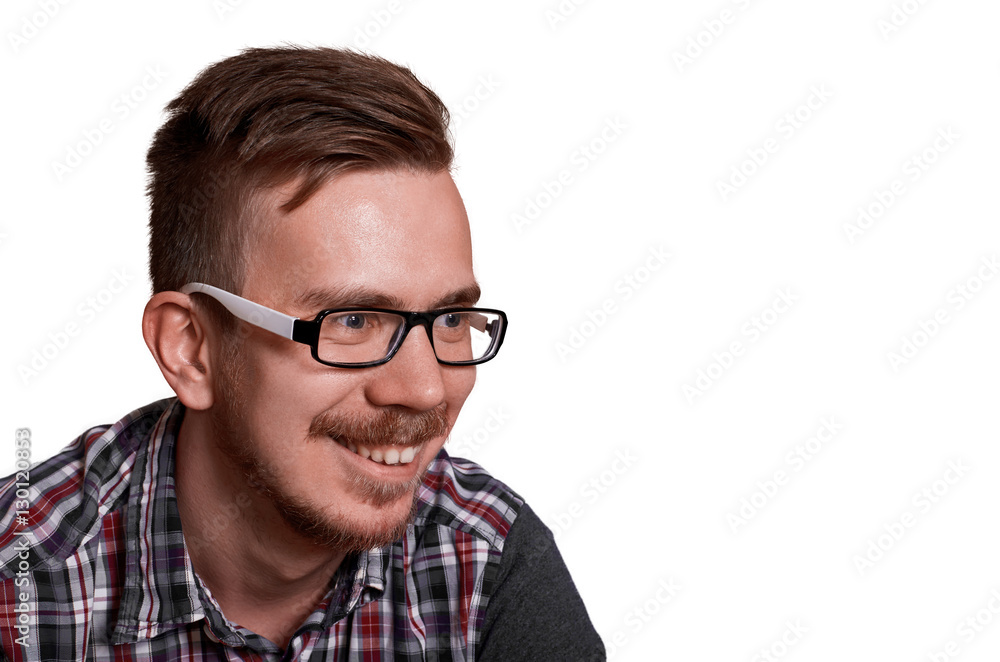 Close up portrait of handsome european man on white background. Open happy emotion on the face. Guy get the job or pass exam. Copy space for advertising.