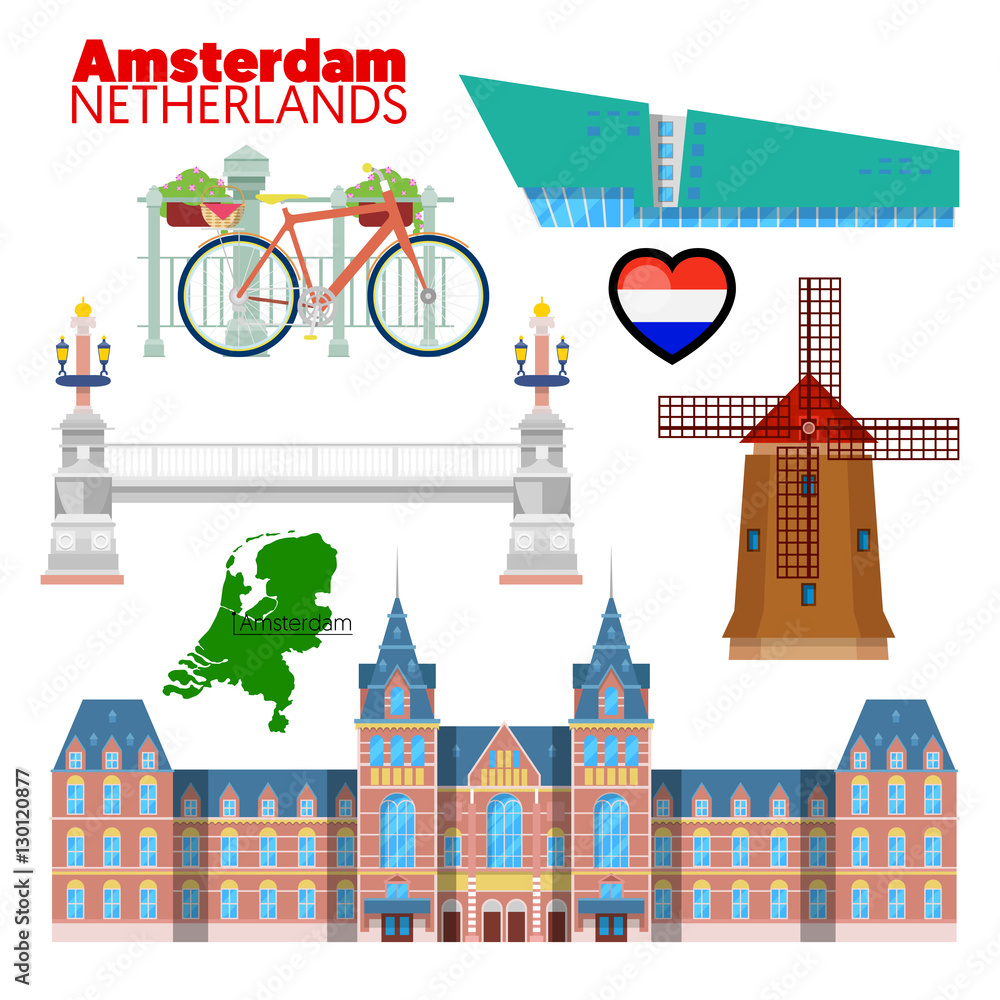 Fototapeta premium Amsterdam Netherlands Travel Doodle with Amsterdam Architecture, Bicycle and Flag. Vector illustration
