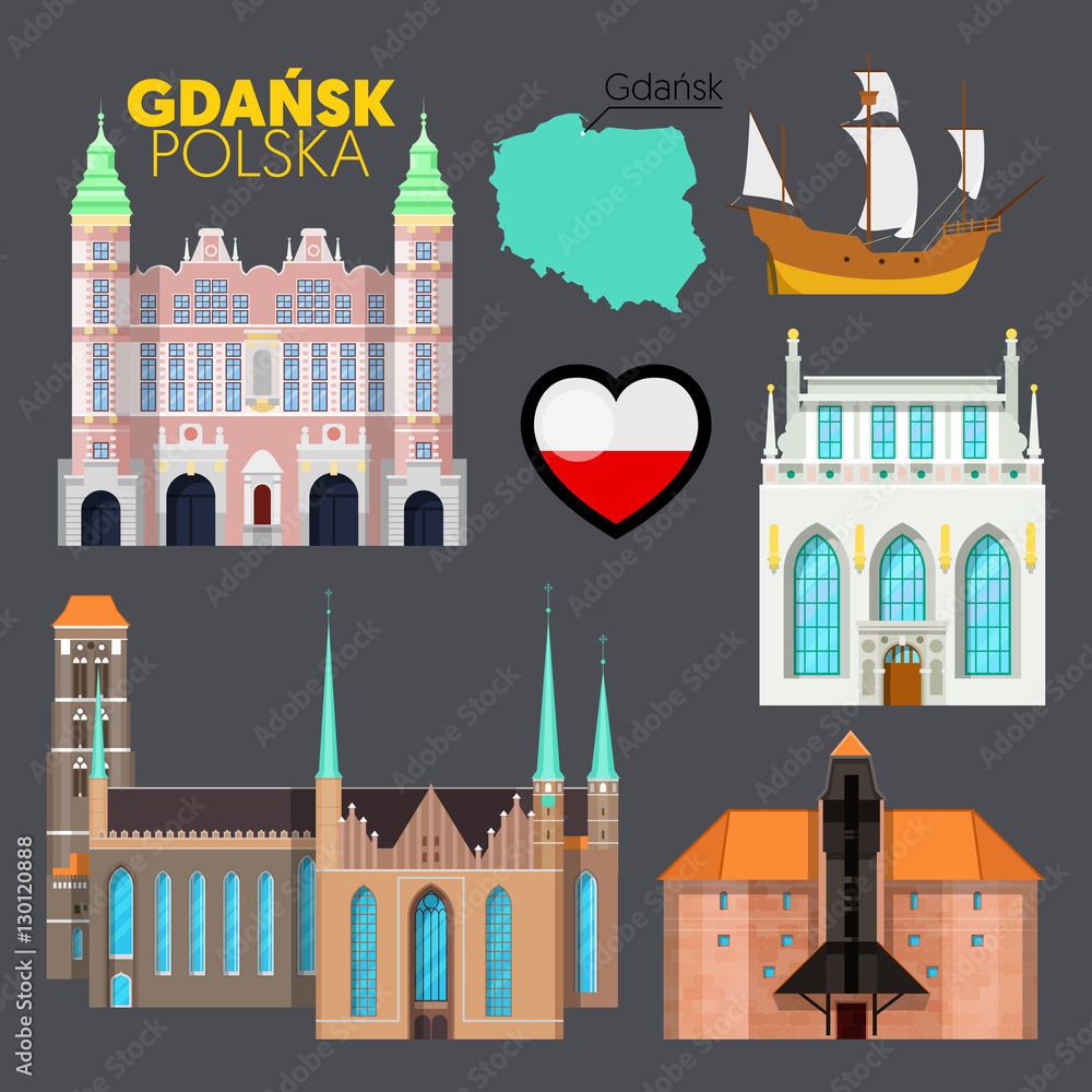 Fototapeta premium Gdansk Poland Travel Doodle with Gdansk Architecture, Ship and Flag. Vector illustration