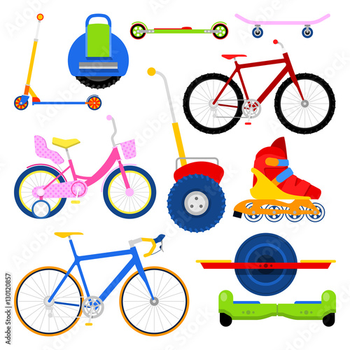 Modern City Transportation Set with Bikes, Roller Skates, Segway and Onewheel. Vector illustration