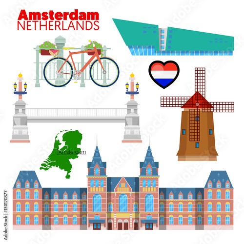 Amsterdam Netherlands Travel Doodle with Amsterdam Architecture, Bicycle and Flag. Vector illustration