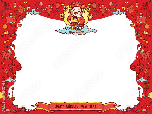 Vector Illustration of Chinese God of Wealth "Tsai Shen Yeh" for Chinese New Year Greeting Card  with Copy space. The Chinese text means "Good Fortune". Doodle Style
