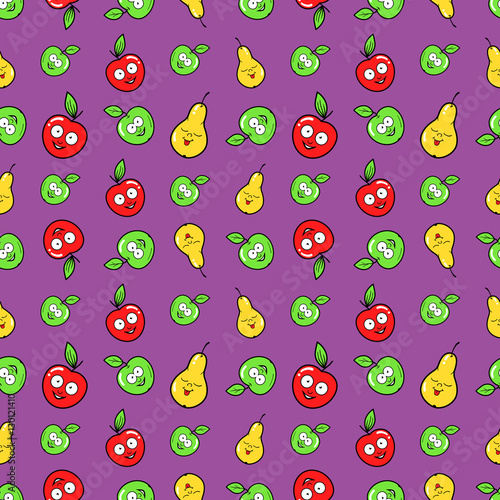 Fruits Seamless Vector Background with Funny Apples and Pears