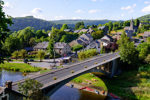 Ardennes. Panorama view on the village of Membre near Bohan with bridge across the Semois river. Ardennes, Belgium.