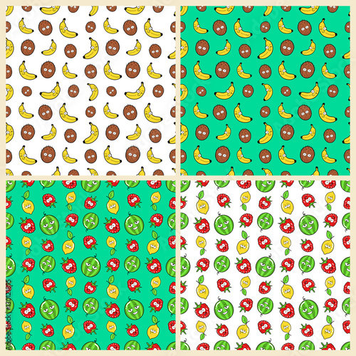 Fruits Seamless Vector Background Set with Funny Bananas, Watermelon and Lemons