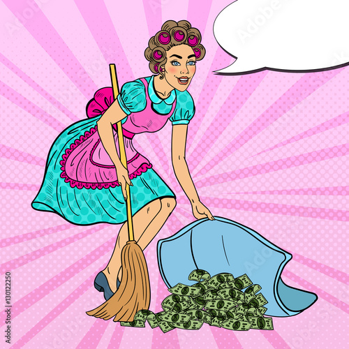 Pop Art Young Housewife Hiding Money Under the Rug. Vector illustration