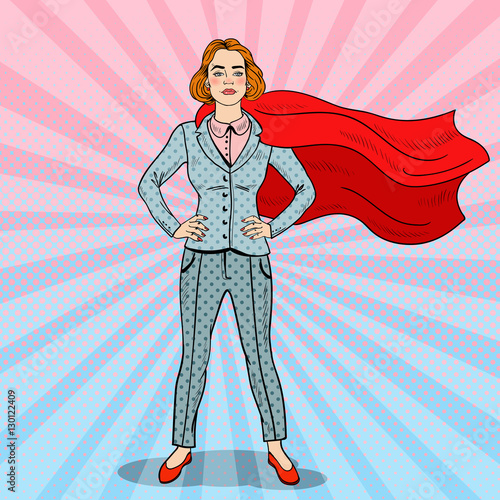 Pop Art Confident Business Woman Super Hero in Suit with Red Cape. Vector illustration