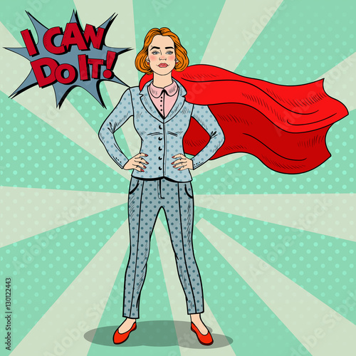 Pop Art Confident Business Woman Super Hero in Suit with Red Cape. Vector illustration