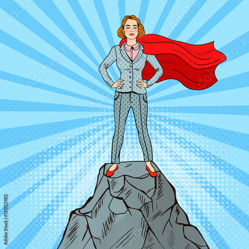 Pop Art Confident Business Woman Super Hero in Suit with Red Cape Standing on the Mountain Peak. Vector illustration