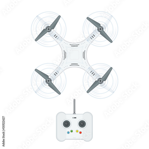 Drone (quadrocopter) with remote controller white background. Top view. Vector illustration.