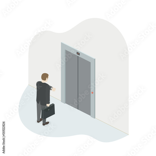 Businessman looks at wrist watch and waiting for a lift. Elevator with closed doors. Isometric vector illustration.