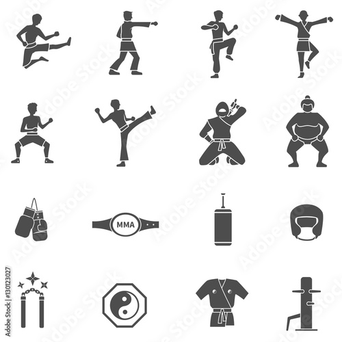 Martial Arts Black White Icons Set 
