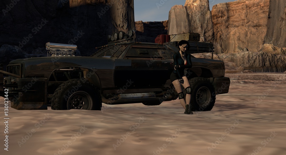Female Survivor In A Desert Canyon With Hot Rod 3D Rendering