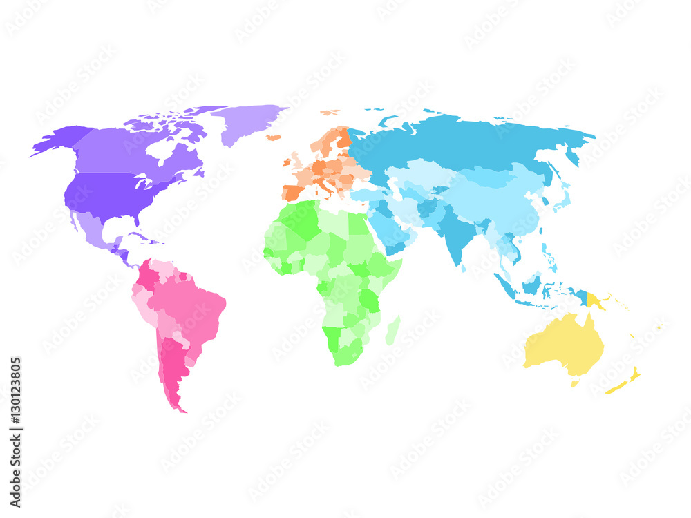 Blank simplified political map of world with different colors of each continent - North America, South America, Europe, Africa, Asia and Australia. Vector illustration