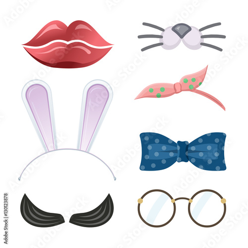Cartoon style accessories (mustache, glasses, lips, cat mustache, bow tie, bunny ears). Vector illustration.
