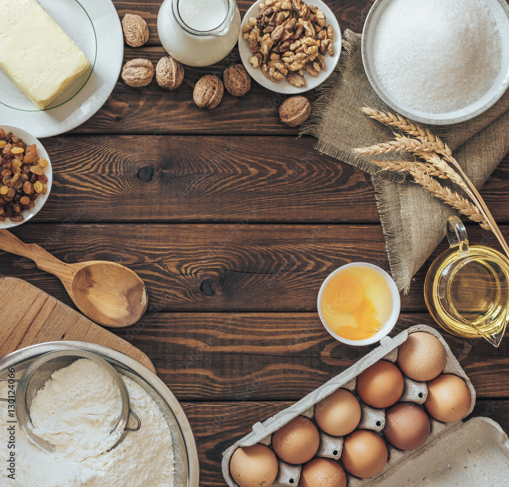 Bakery recipe text background on rustic wooden table top view. Baking cake Bakery recipe text background on rustic wooden table top view. Baking cake