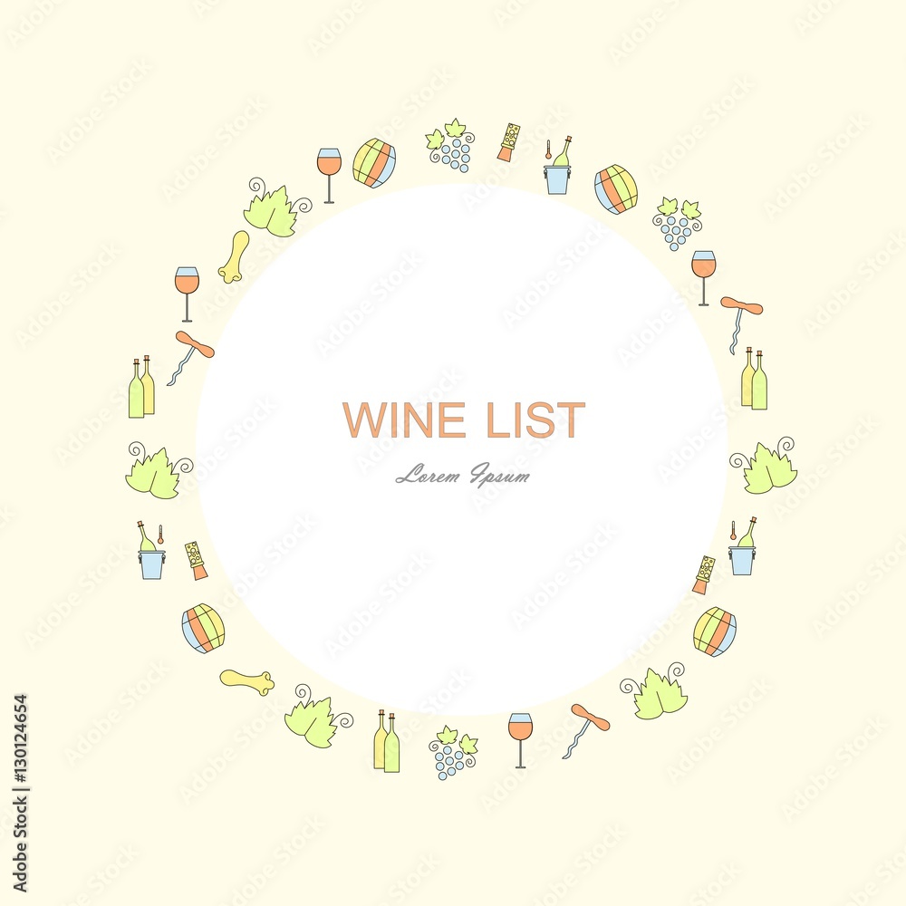 Wine list restaurant menu template. Line style green, blue, red, yellow icons on white circle, light pink frame. Perfect wine design element stock vector illustration Wine list restaurant menu template. Line style green, blue, red, yellow icons on white circle, light pink frame. Perfect wine design element stock vector illustration