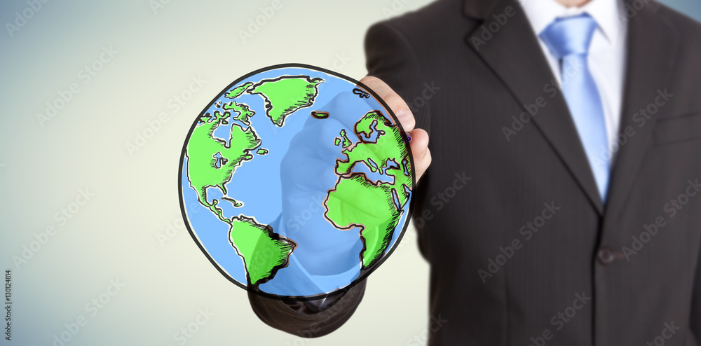 Businessman holding hand drawn planet earth Businessman holding hand drawn planet earth