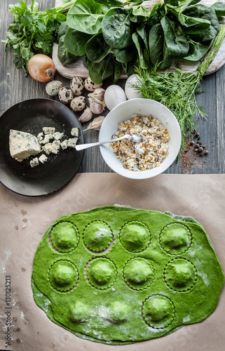chef step by step, preparing a green ravioli