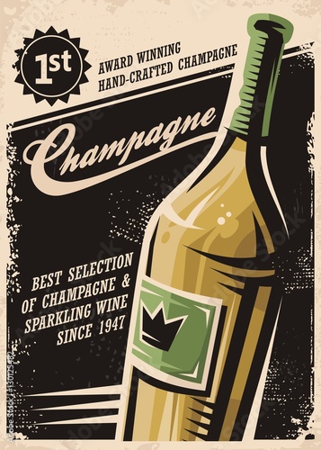 Champagne vintage poster design with bottle and creative typo on dark background