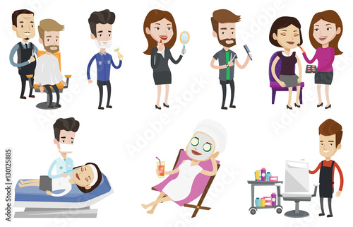 Vector set of people during beauty procedures.